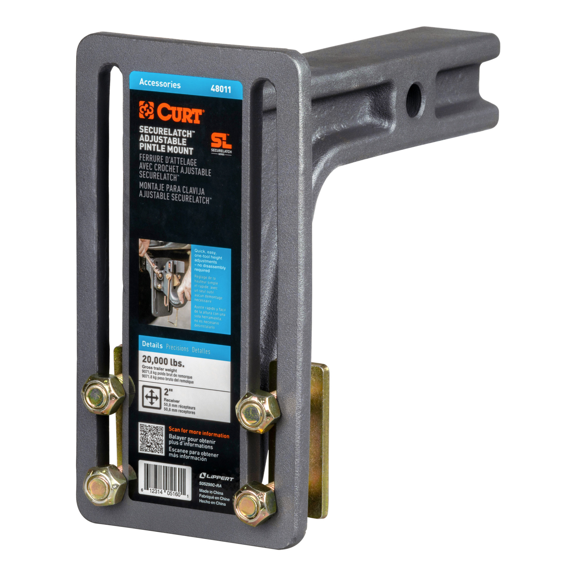 Curt Manufacturing, SecureLatch Pintle Mount 2in. Shank, Fits Receivers 2 in, Model# 48011